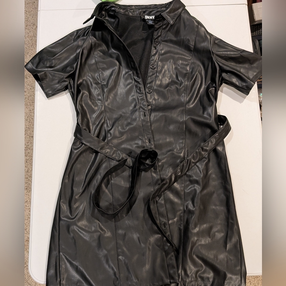 DKNY Black Faux Leather Belted Dress